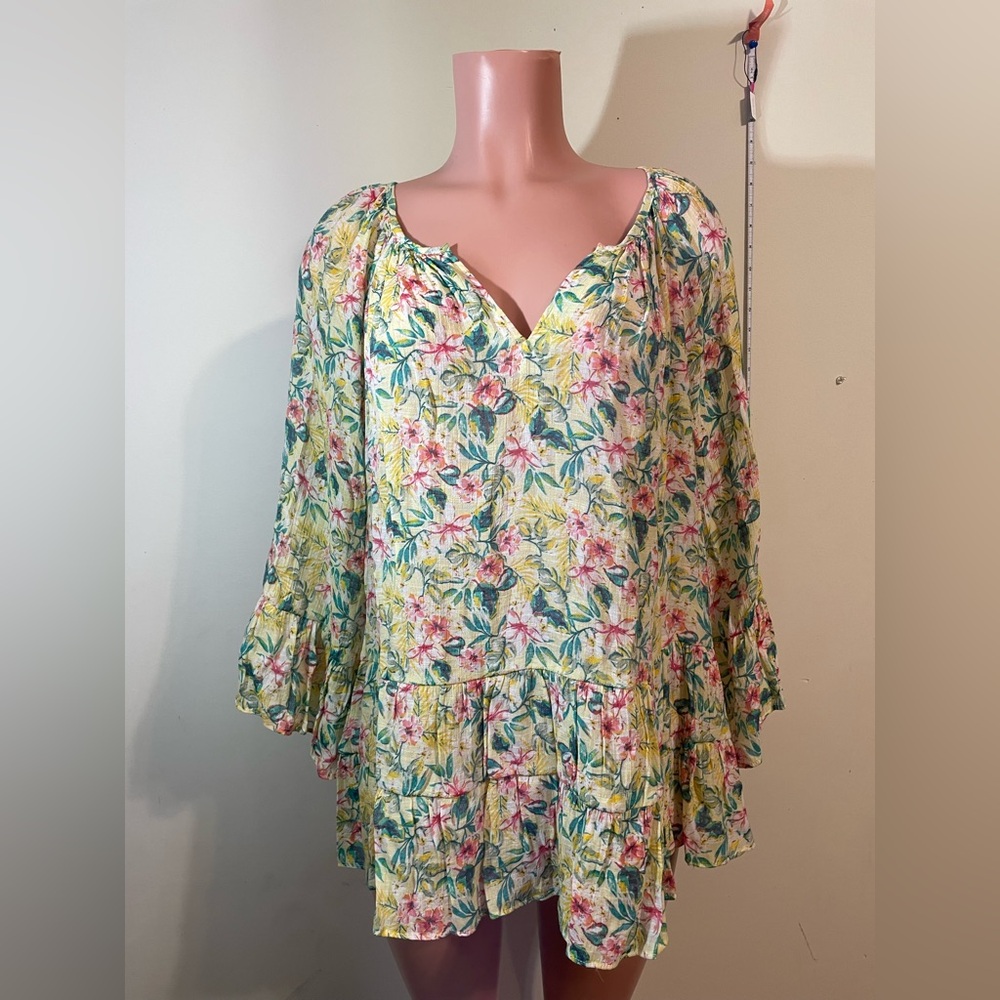 Counterparts Women Top Blouse XL Bell 3/4 Sleeve Drop‎ Waist V-Neck Floral Boho